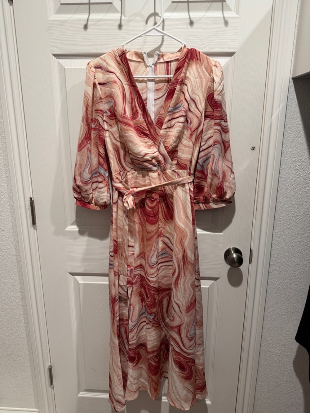Swirl Print Midi Wrap Dress in Blush and Rose